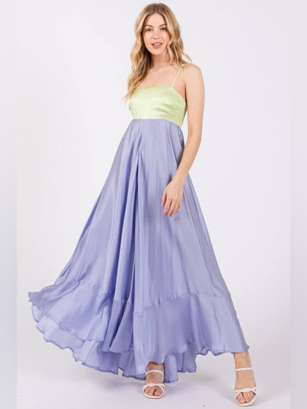 Olivacious Light Green & Lavender Two-Tone Satin Maxi Dress - Size S